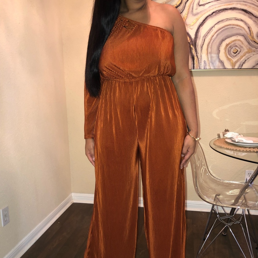 Copper one shouldered wide leg jumpsuit
